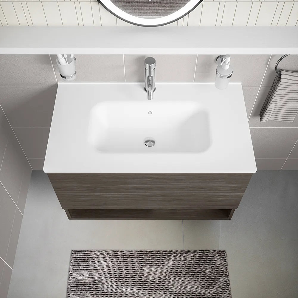 Mobile sospeso 80 cm rovere scuro con un cassetto, vano a giorno e lavabo | Sauris