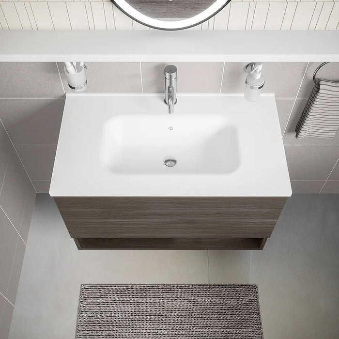 Mobile sospeso 80 cm rovere scuro con un cassetto, vano a giorno e lavabo | Sauris