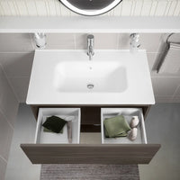 Mobile sospeso 80 cm rovere scuro con un cassetto, vano a giorno e lavabo | Sauris