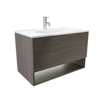 Mobile sospeso 80 cm rovere scuro con un cassetto, vano a giorno e lavabo | Sauris