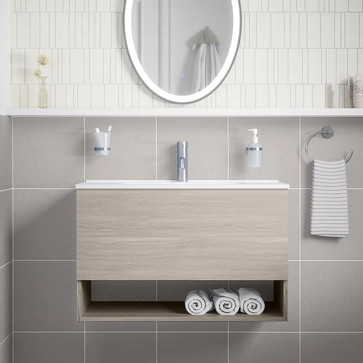 Mobile sospeso 80 cm rovere grigio con un cassetto, vano a giorno e lavabo | Sauris
