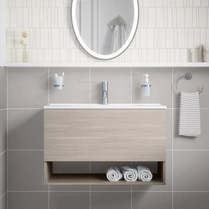 Mobile sospeso 60 cm rovere grigio con un cassetto, vano a giorno e lavabo | Sauris