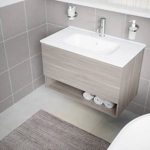 Mobile sospeso 60 cm rovere grigio con un cassetto, vano a giorno e lavabo | Sauris