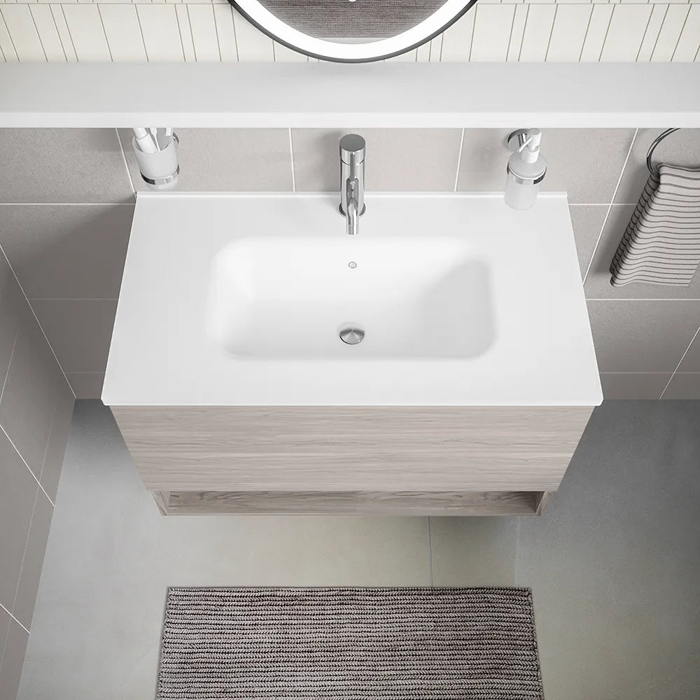 Mobile sospeso 60 cm rovere grigio con un cassetto, vano a giorno e lavabo | Sauris