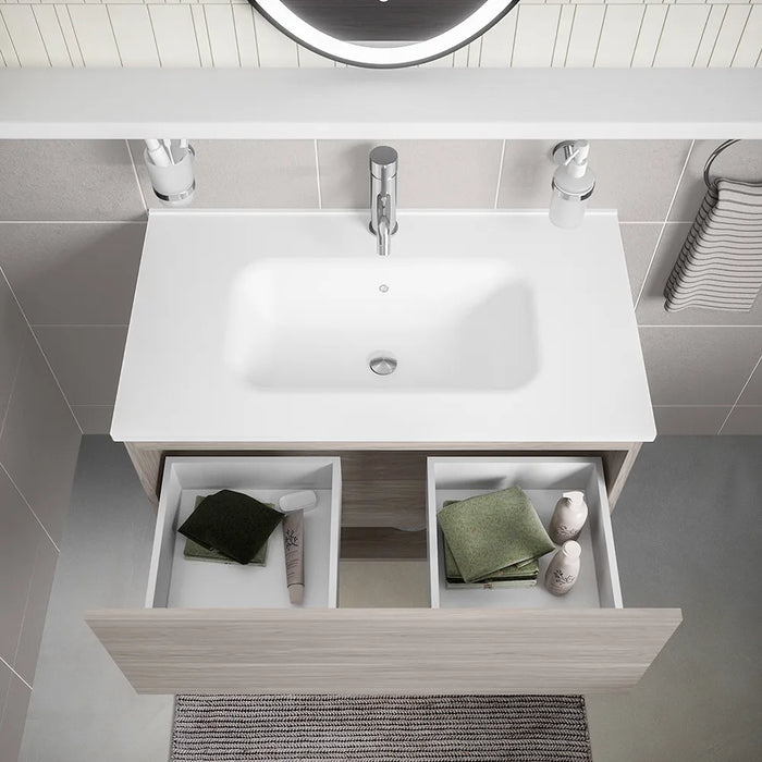 Mobile sospeso 80 cm rovere grigio con un cassetto, vano a giorno e lavabo | Sauris