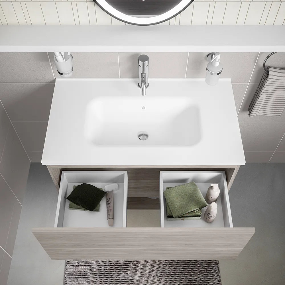 Mobile sospeso 60 cm rovere grigio con un cassetto, vano a giorno e lavabo | Sauris