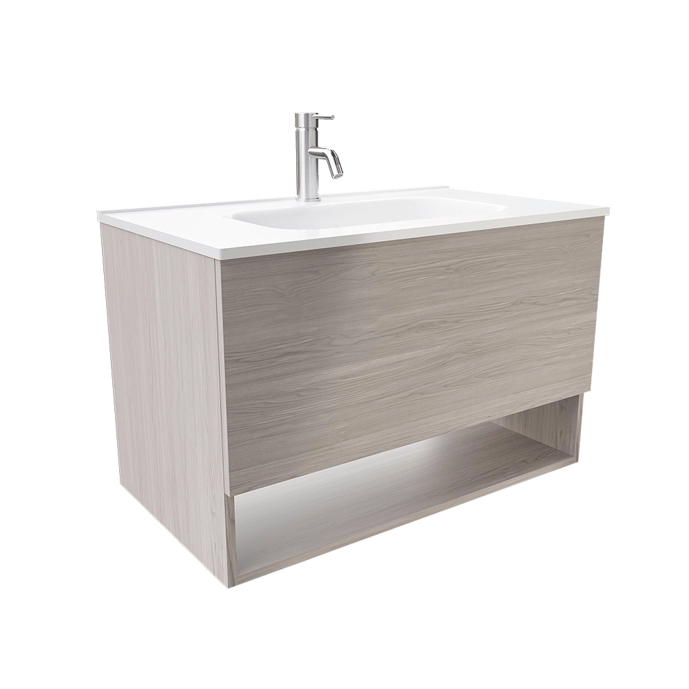 Mobile sospeso 80 cm rovere grigio con un cassetto, vano a giorno e lavabo | Sauris