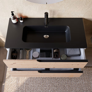 Mobile bagno 100cm sospeso rovere cartagena lavabo nero opaco - jaguar, selezione accessori senza specchio