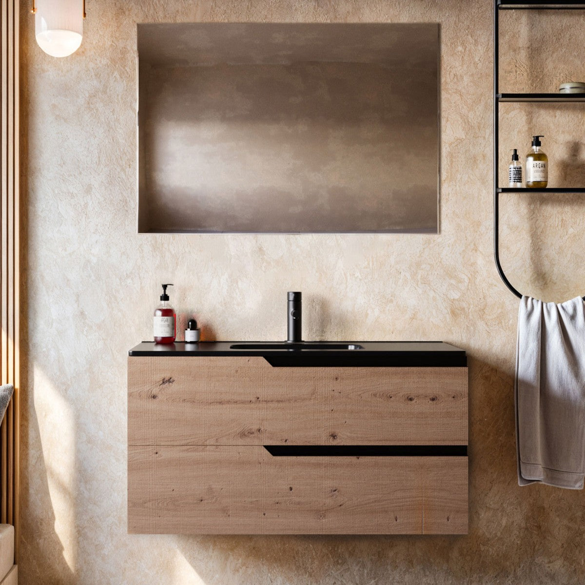 Mobile bagno 100cm sospeso rovere cartagena lavabo nero opaco - jaguar, selezione accessori senza specchio
