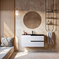 Mobile bagno 80cm sospeso bianco porcellana lavabo nero opaco - jaguar, selezione accessori con specchio