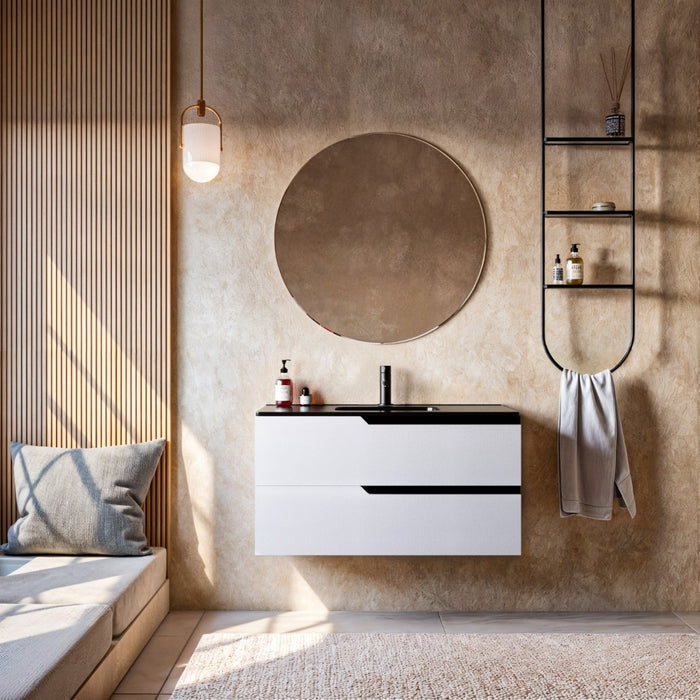 Mobile bagno 80cm sospeso bianco porcellana lavabo nero opaco - jaguar, selezione accessori con specchio