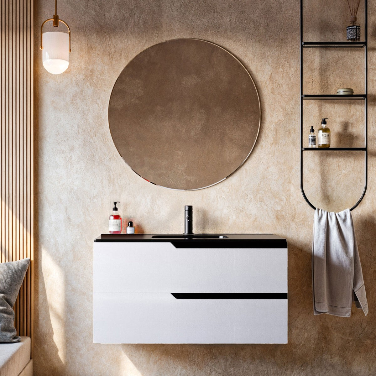 Mobile bagno 80cm sospeso bianco porcellana lavabo nero opaco - jaguar, selezione accessori con specchio
