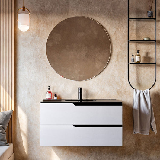 Mobile bagno 80cm sospeso bianco porcellana lavabo nero opaco - jaguar, selezione accessori senza specchio