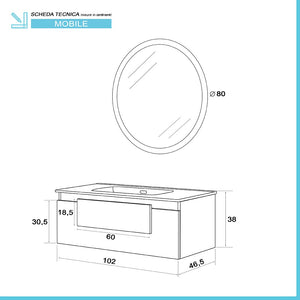 Mobile Sospeso da Bagno 1 Cassetto Stile Industrial Rovere 100x47 con Specchio