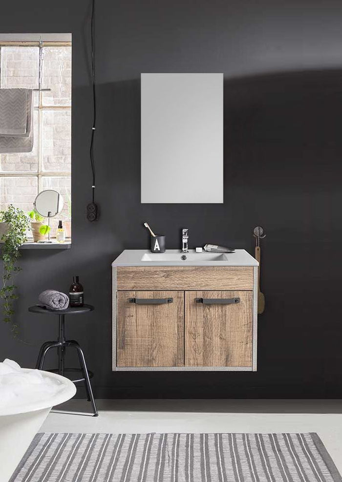 Mobile sospeso con lavabo in Cemento e Rovere invecchiato ZCMFBR804
