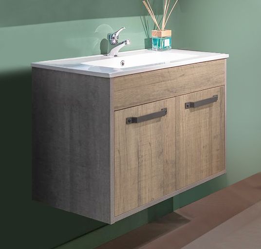 Mobile sospeso con lavabo in Cemento e Rovere invecchiato ZCMFBR804