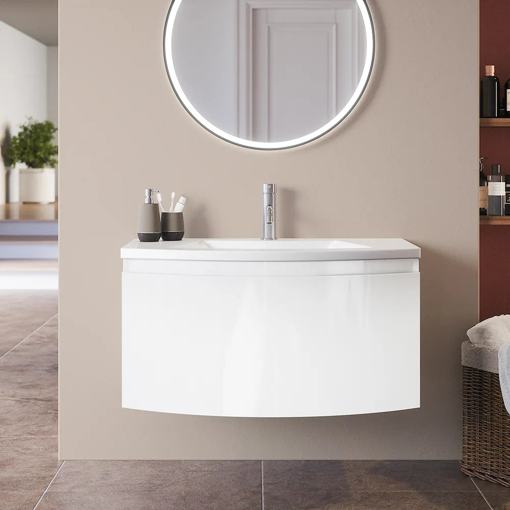 Mobile sospeso 100 cm bianco lucido con un cassetto e lavabo in ceramica, frontale curvo | Lula