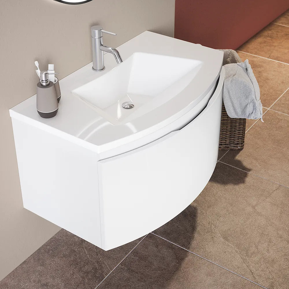 Mobile sospeso 100 cm bianco lucido con un cassetto e lavabo in ceramica, frontale curvo | Lula