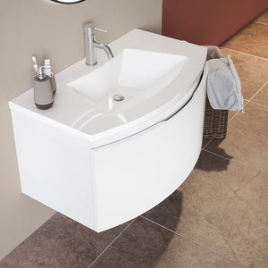 Mobile sospeso 100 cm bianco lucido con un cassetto e lavabo in ceramica, frontale curvo | Lula