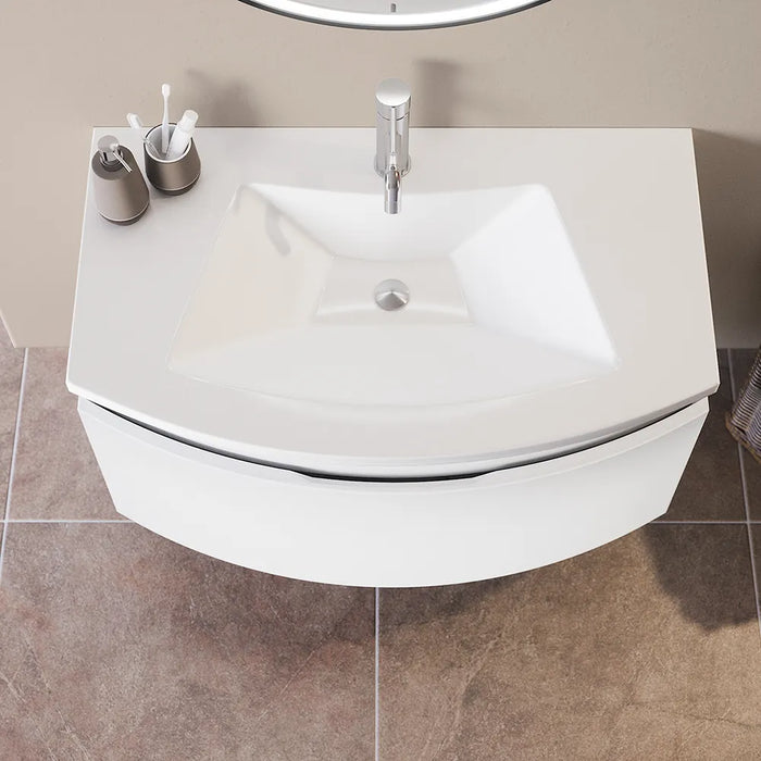 Mobile sospeso 100 cm bianco lucido con un cassetto e lavabo in ceramica, frontale curvo | Lula