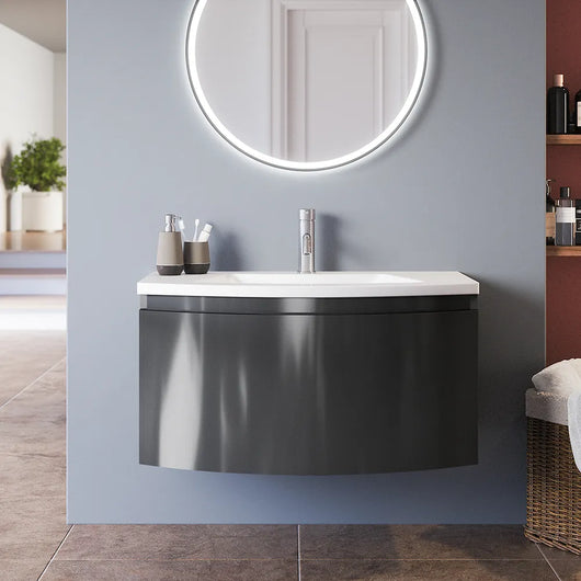 Mobile sospeso 60 cm grigio lucido con un cassetto e lavabo in ceramica, frontale curvo | Lula