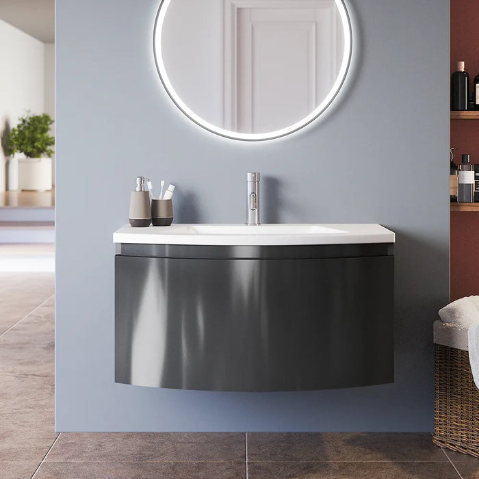 Mobile sospeso 60 cm grigio lucido con un cassetto e lavabo in ceramica, frontale curvo | Lula