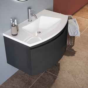Mobile sospeso 60 cm grigio lucido con un cassetto e lavabo in ceramica, frontale curvo | Lula