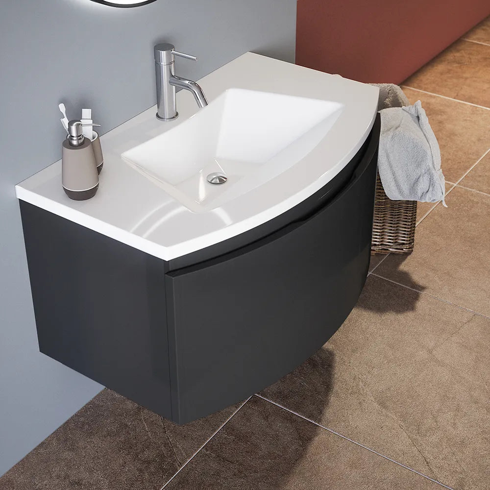 Mobile sospeso 100 cm grigio lucido con un cassetto e lavabo in ceramica, frontale curvo | Lula