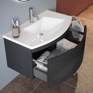 Mobile sospeso 100 cm grigio lucido con un cassetto e lavabo in ceramica, frontale curvo | Lula