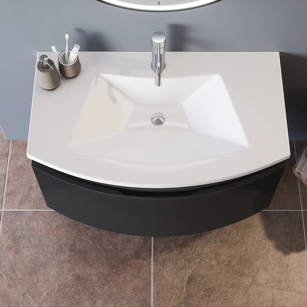Mobile sospeso 60 cm grigio lucido con un cassetto e lavabo in ceramica, frontale curvo | Lula