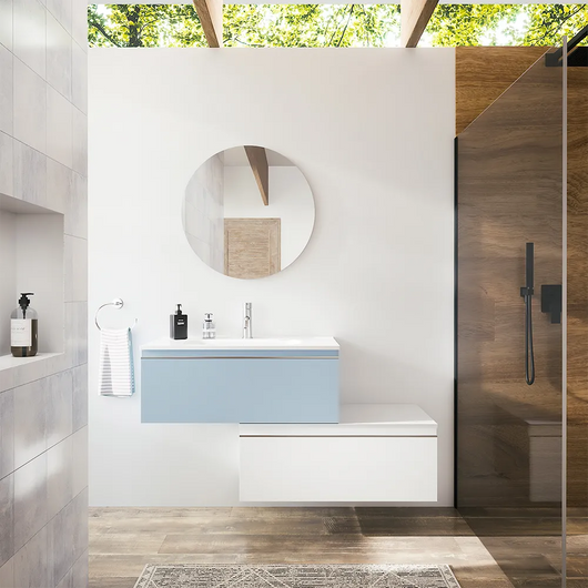 Mobile bagno sospeso 60 cm blu pastello con lavabo e cassettone bianco opaco | Darwin