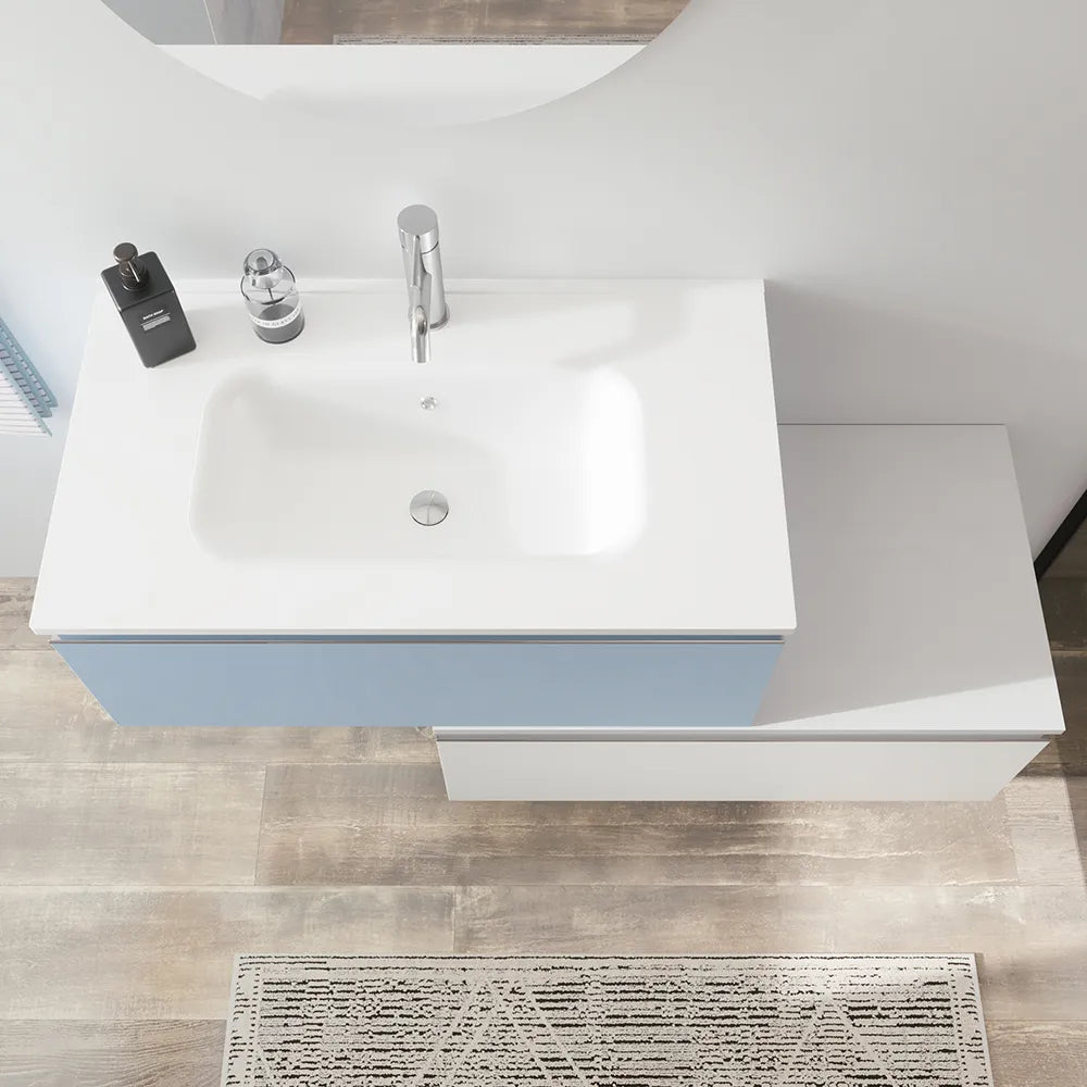 Mobile bagno sospeso 60 cm blu pastello con lavabo e cassettone bianco opaco | Darwin