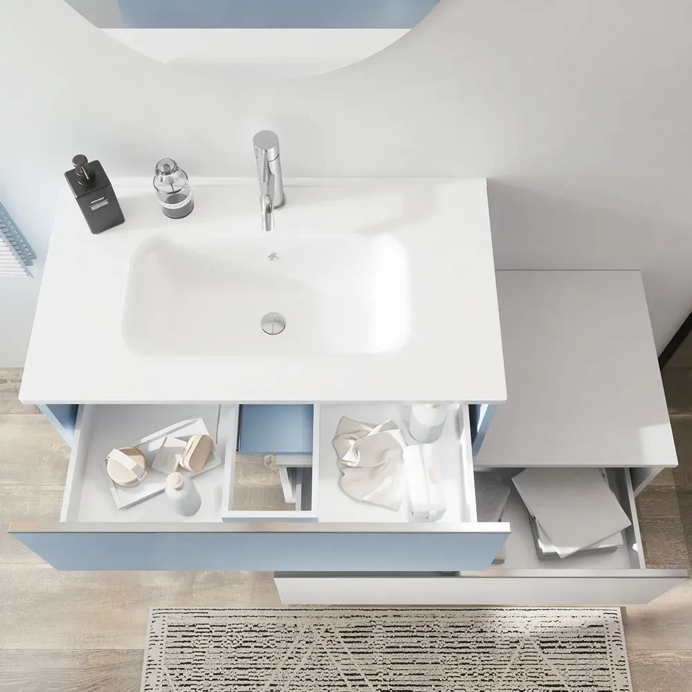 Mobile bagno sospeso 60 cm blu pastello con lavabo e cassettone bianco opaco | Darwin