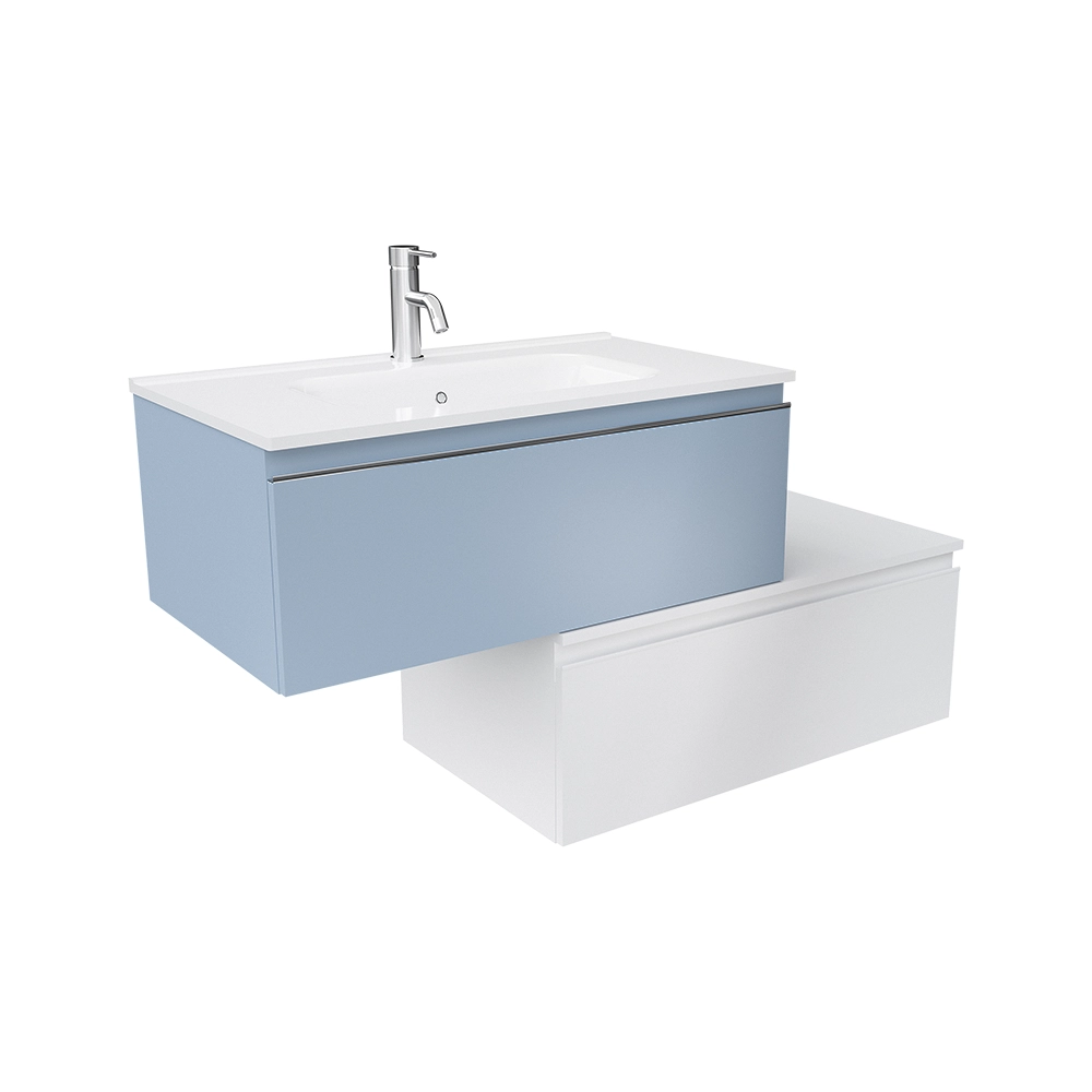 Mobile bagno sospeso 60 cm blu pastello con lavabo e cassettone bianco opaco | Darwin