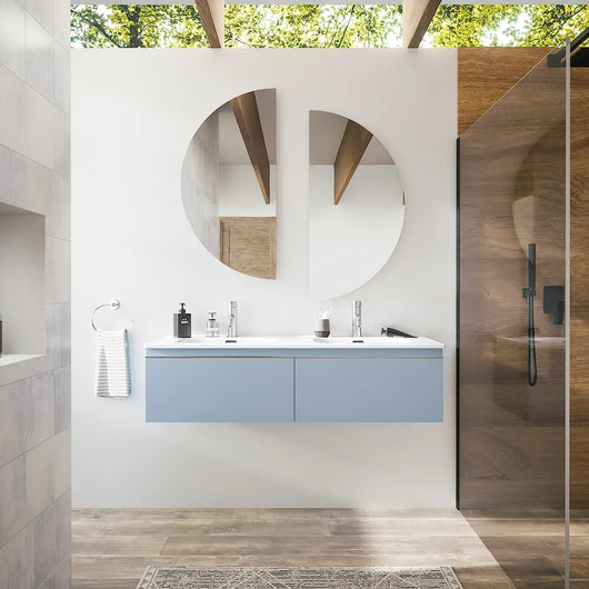 Mobile bagno sospeso 120cm con lavabo doppia vasca in ceramica blu pastello opaco | Darwin