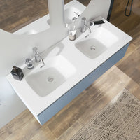 Mobile bagno sospeso 120cm con lavabo doppia vasca in ceramica blu pastello opaco | Darwin