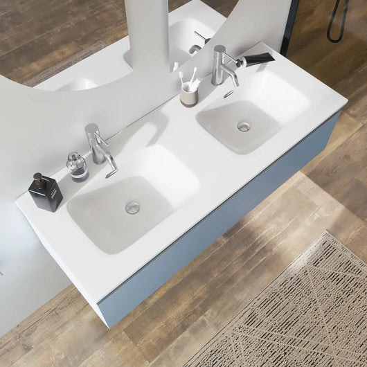 Mobile bagno sospeso 120cm con lavabo doppia vasca in ceramica blu pastello opaco | Darwin