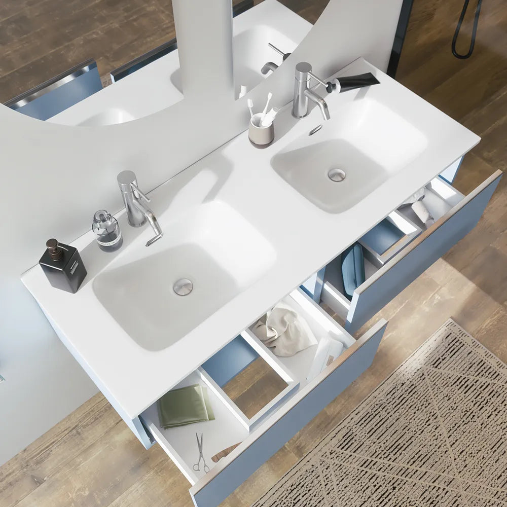 Mobile bagno sospeso 120cm con lavabo doppia vasca in ceramica blu pastello opaco | Darwin
