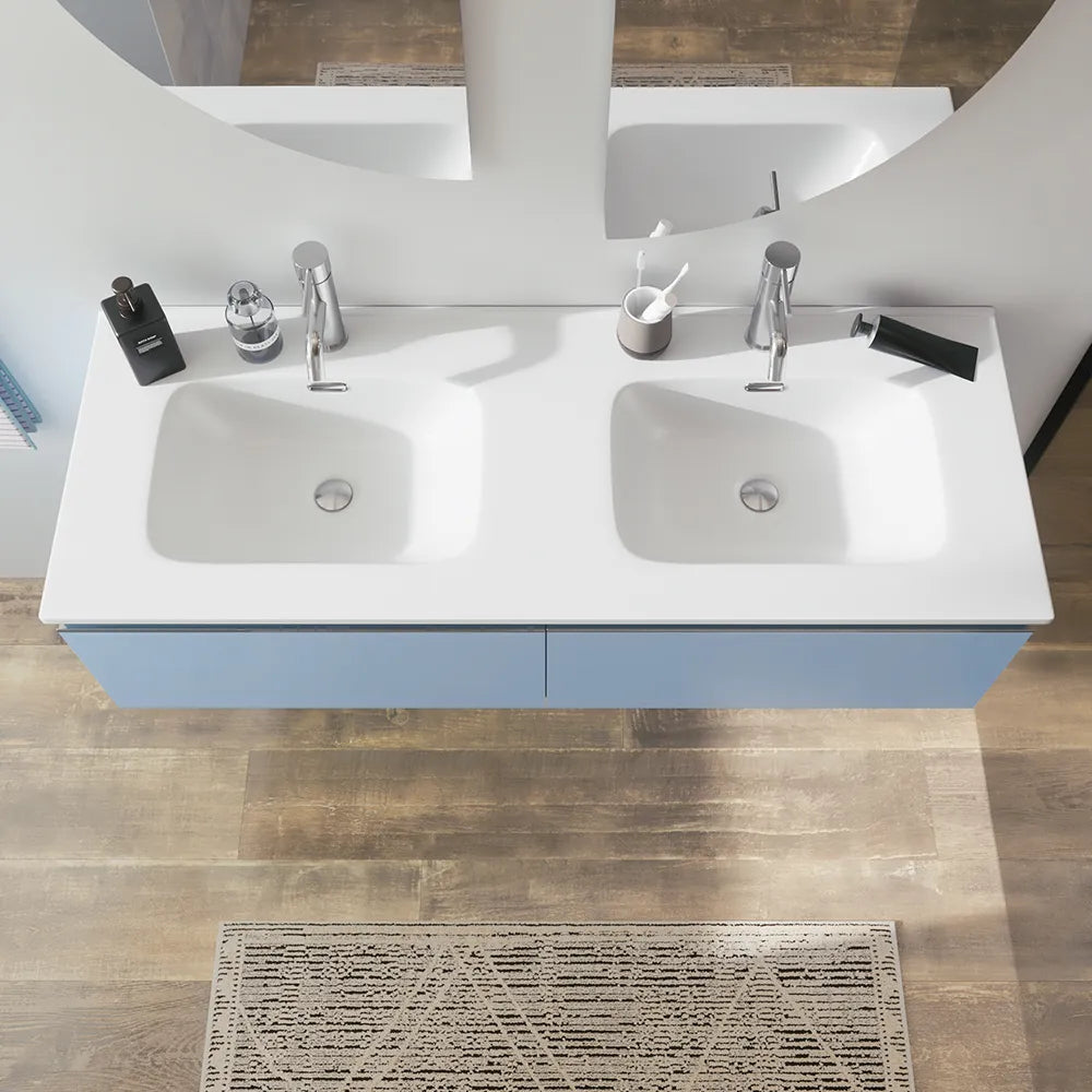 Mobile bagno sospeso 120cm con lavabo doppia vasca in ceramica blu pastello opaco | Darwin