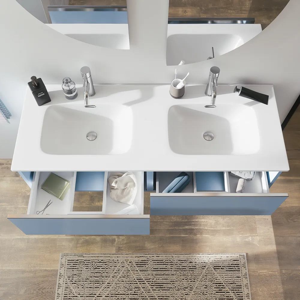 Mobile bagno sospeso 120cm con lavabo doppia vasca in ceramica blu pastello opaco | Darwin