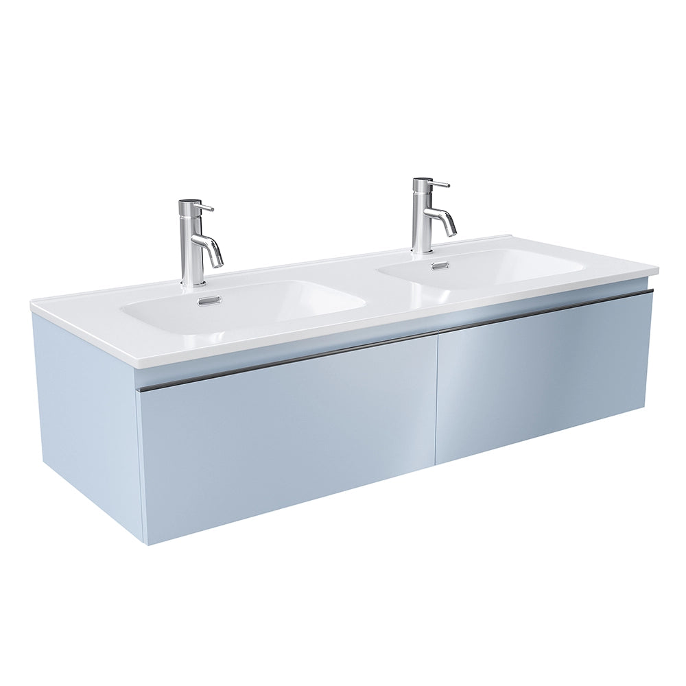 Mobile bagno sospeso 120cm con lavabo doppia vasca in ceramica blu pastello opaco | Darwin