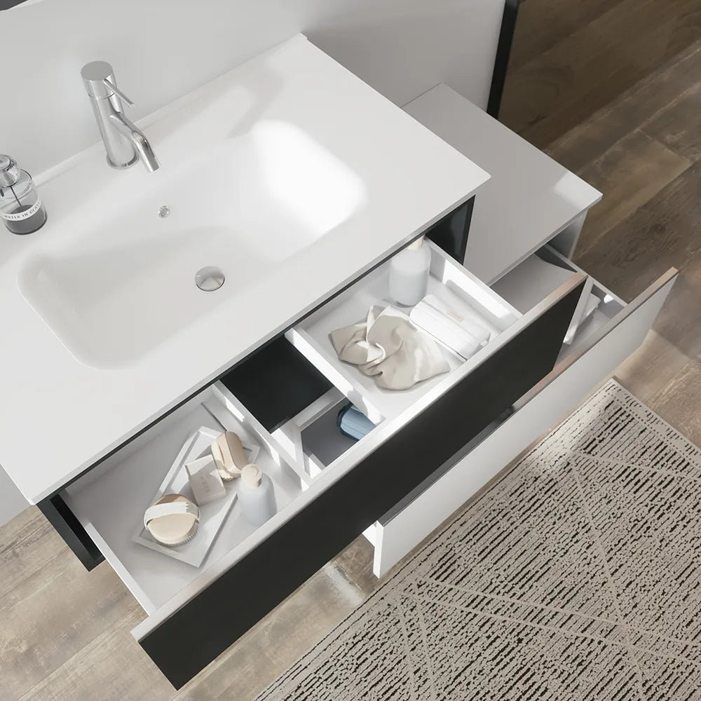 Mobile bagno sospeso 80 cm antracite con lavabo e cassettone bianco opaco | Darwin