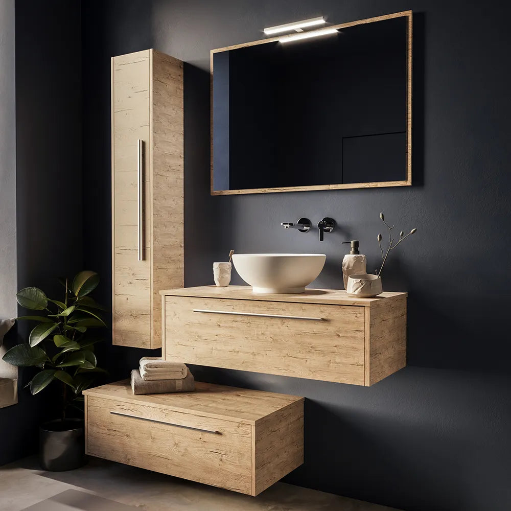 Mobile bagno sospeso modulare 100cm due cassetti rovere naturale con top e specchio | Aoki