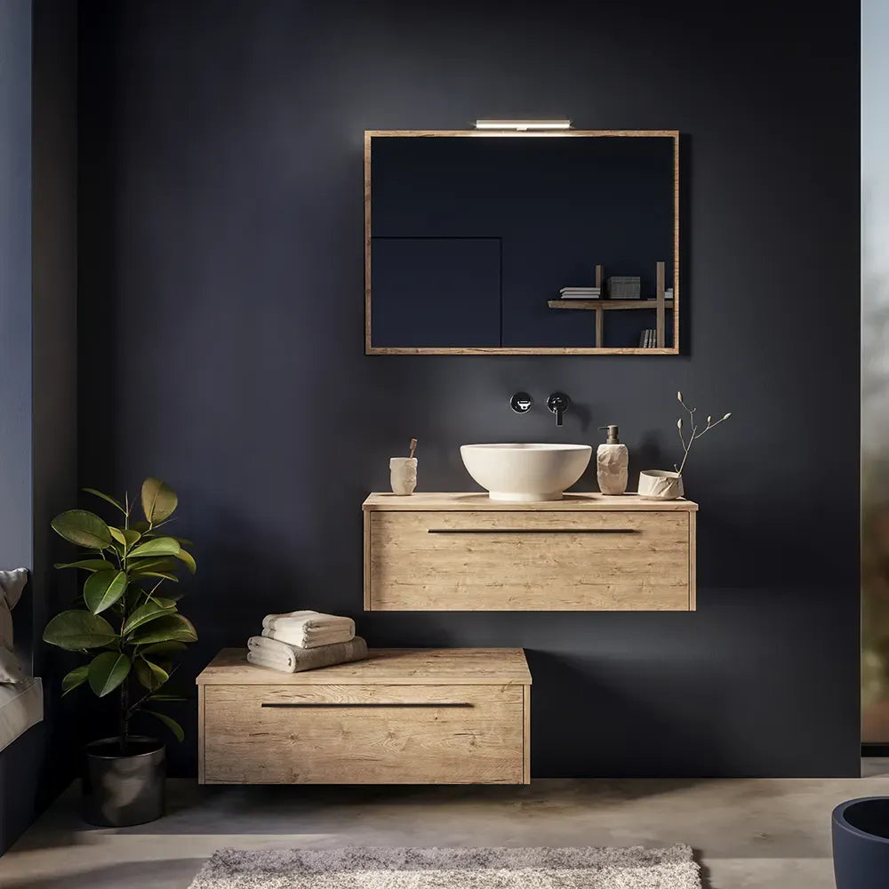 Mobile bagno sospeso modulare 100cm due cassetti rovere naturale con top e specchio | Aoki
