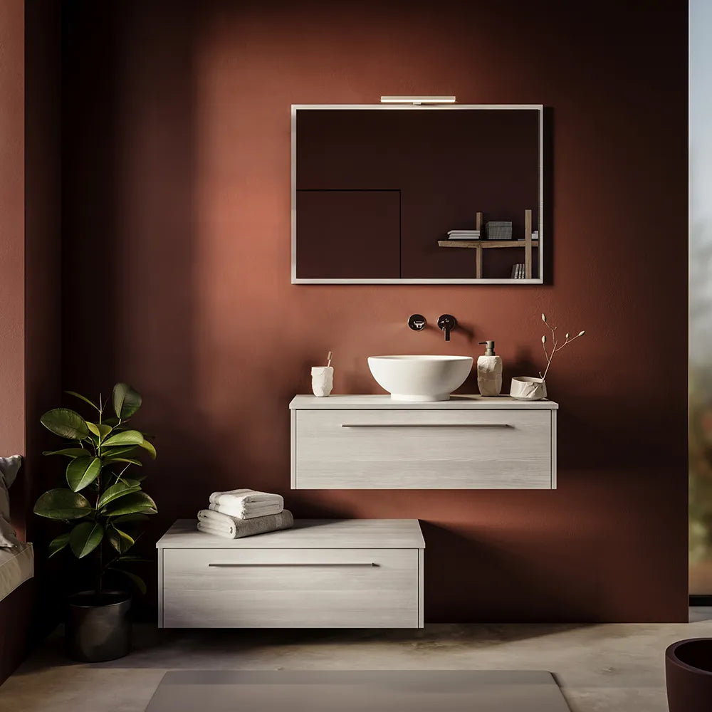 Mobile bagno sospeso modulare 100cm due cassetti rovere cenere con top e specchio | Aoki