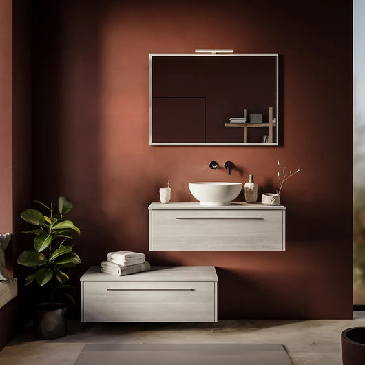 Mobile bagno sospeso modulare 100cm due cassetti rovere cenere con top e specchio | Aoki