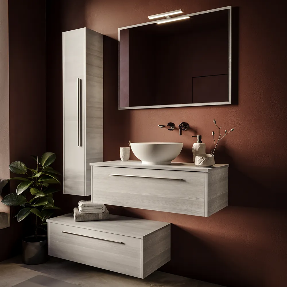 Mobile bagno sospeso modulare 100cm due cassetti rovere cenere con top e specchio | Aoki