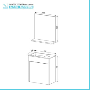 Mobile sospeso salvaspazio 45 cm bianco lucido con specchio Mini