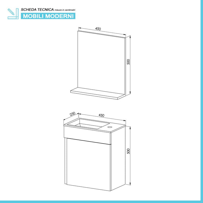 Mobile sospeso salvaspazio 45 cm bianco lucido con specchio Mini