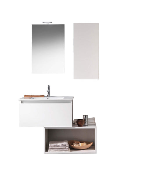 Mobile Bagno 70cm Sospeso Cassetto, Pensile, Vano a Giorno, Specchio E Lampada - Laccato Bianco Opaco